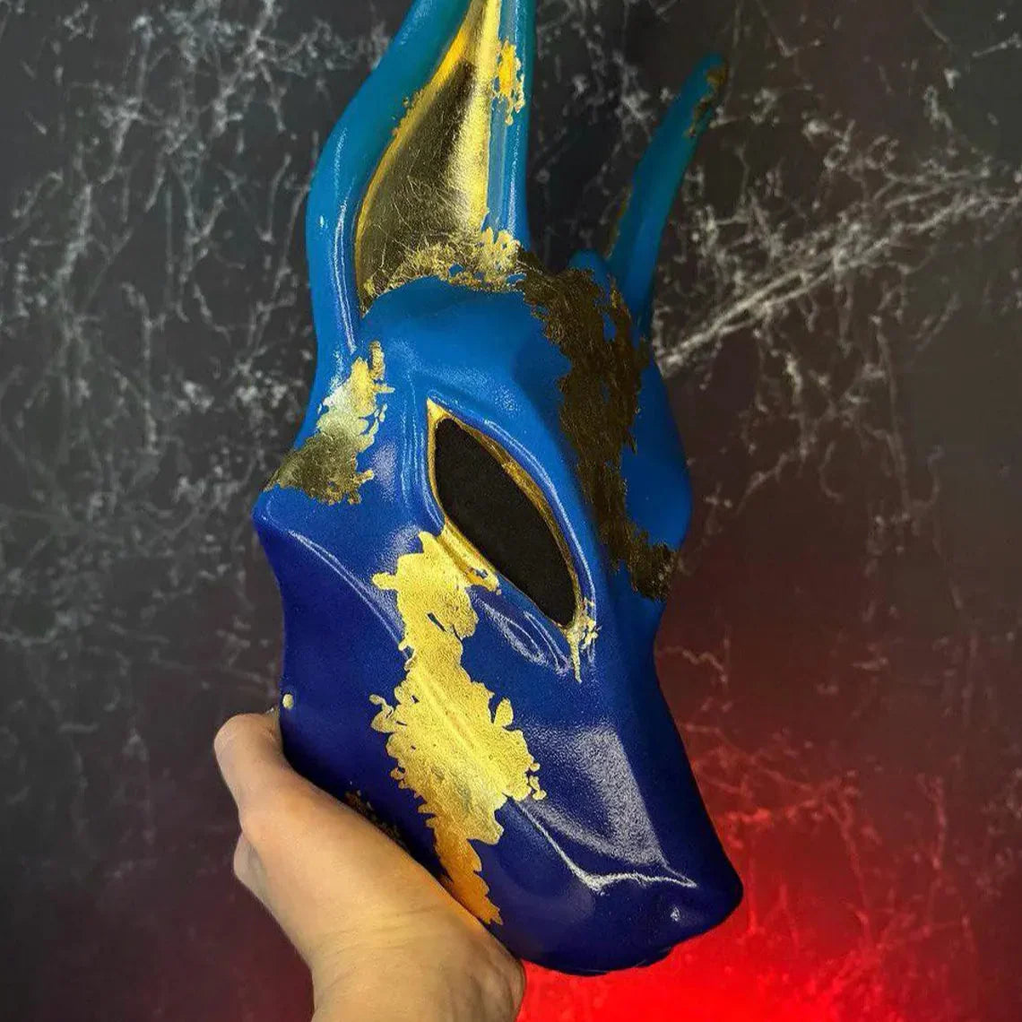 Anubis Mask Art Blue And Gold Wolf Jackal Ankh