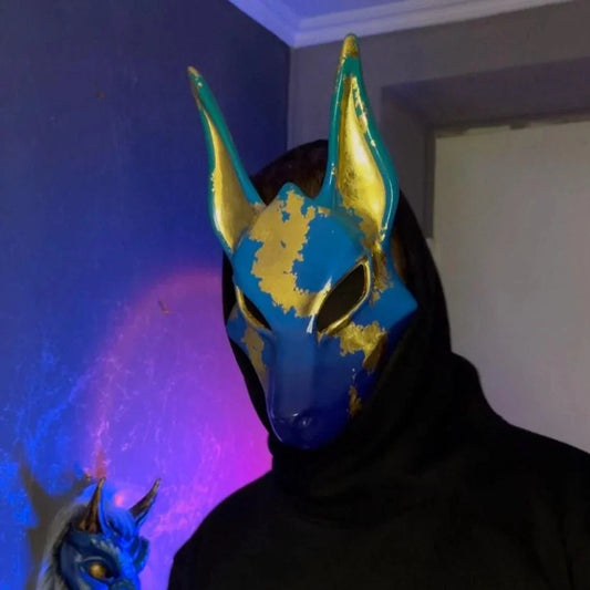 Anubis Mask Art Blue And Gold Wolf Jackal Ankh