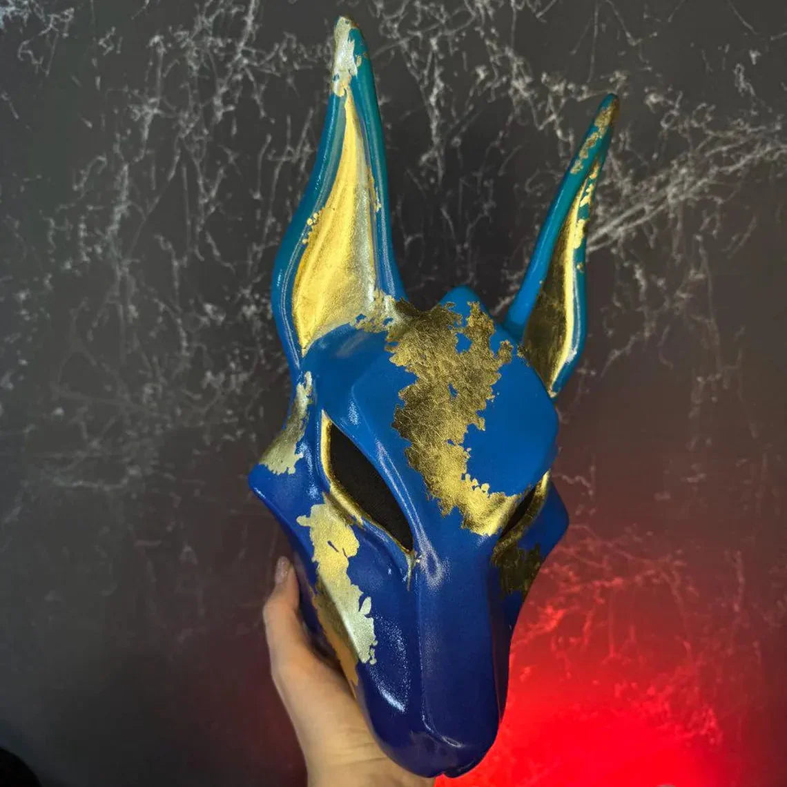 Anubis Mask Art Blue And Gold Wolf Jackal Ankh